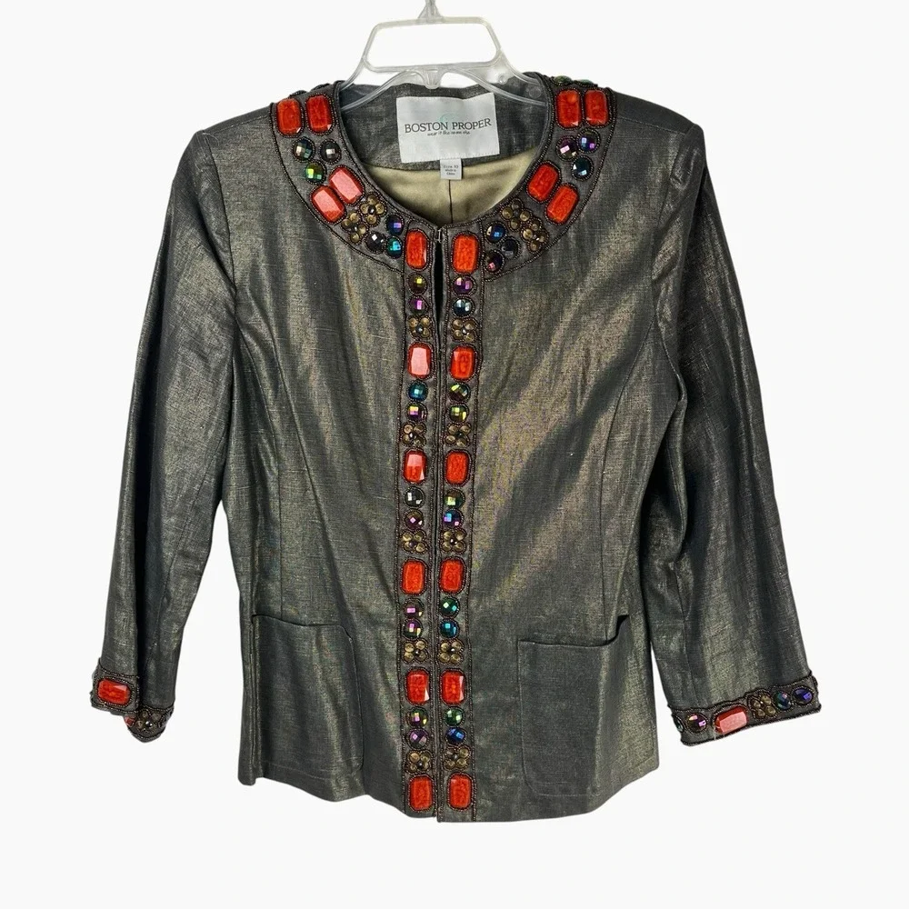 Boston Proper Linen Jacket 3/4‎ Sleeve Blazer Metallic Gold Brown Beaded Sz 10